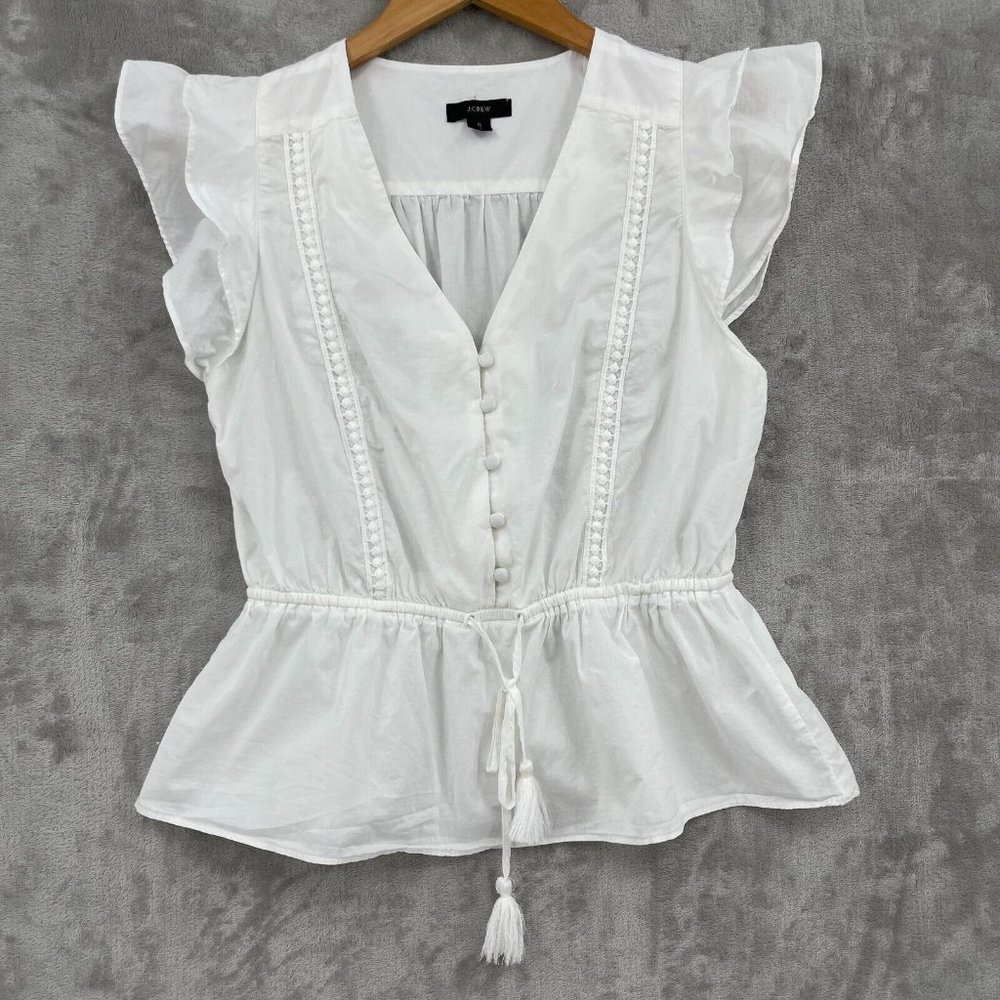 J. Crew Flutter Sleeve V Neck Peplum Waist Tassel Tie White Cotton Top